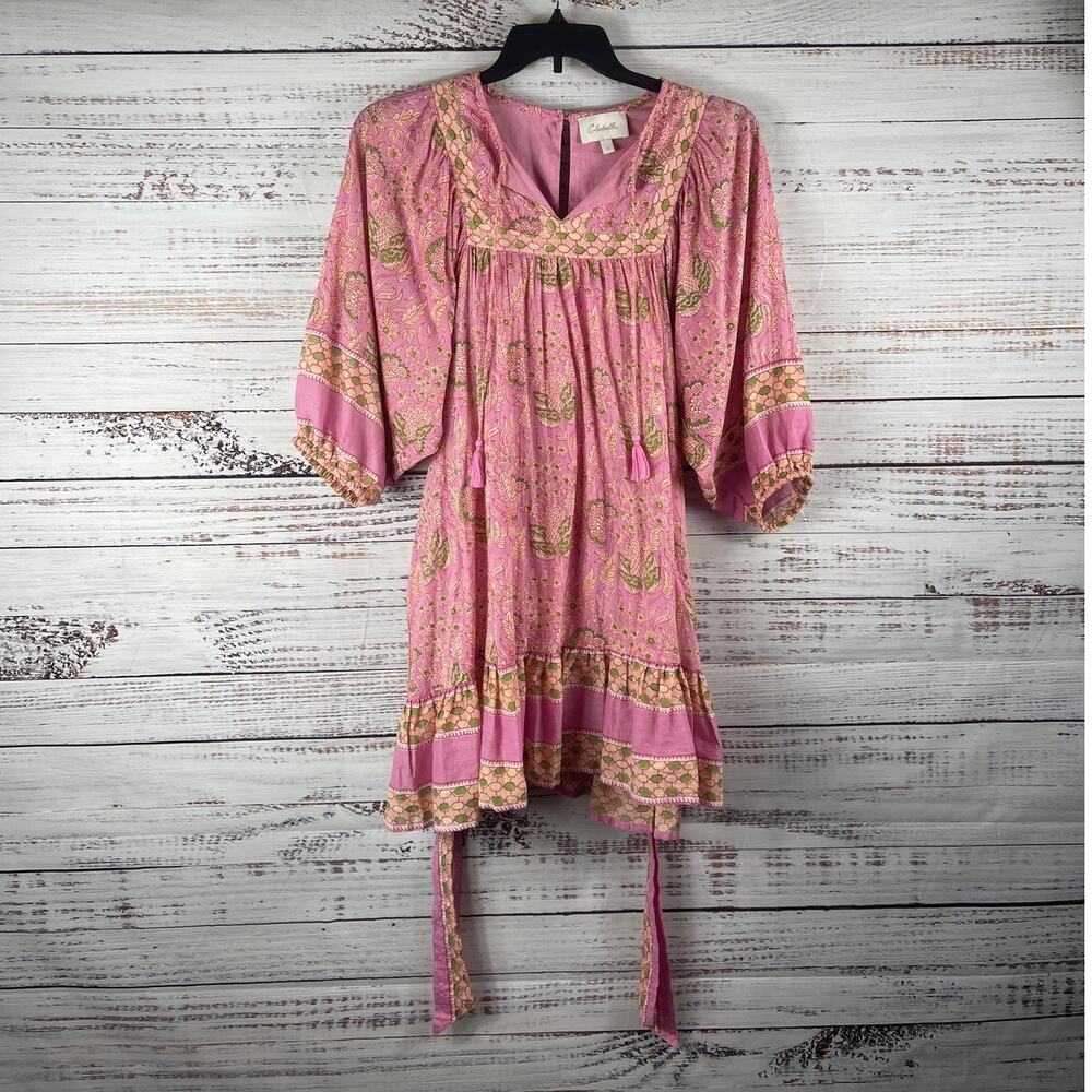 Cleobella Women's Size S Pink Floral Tassel Puff Long Sleeve Dress